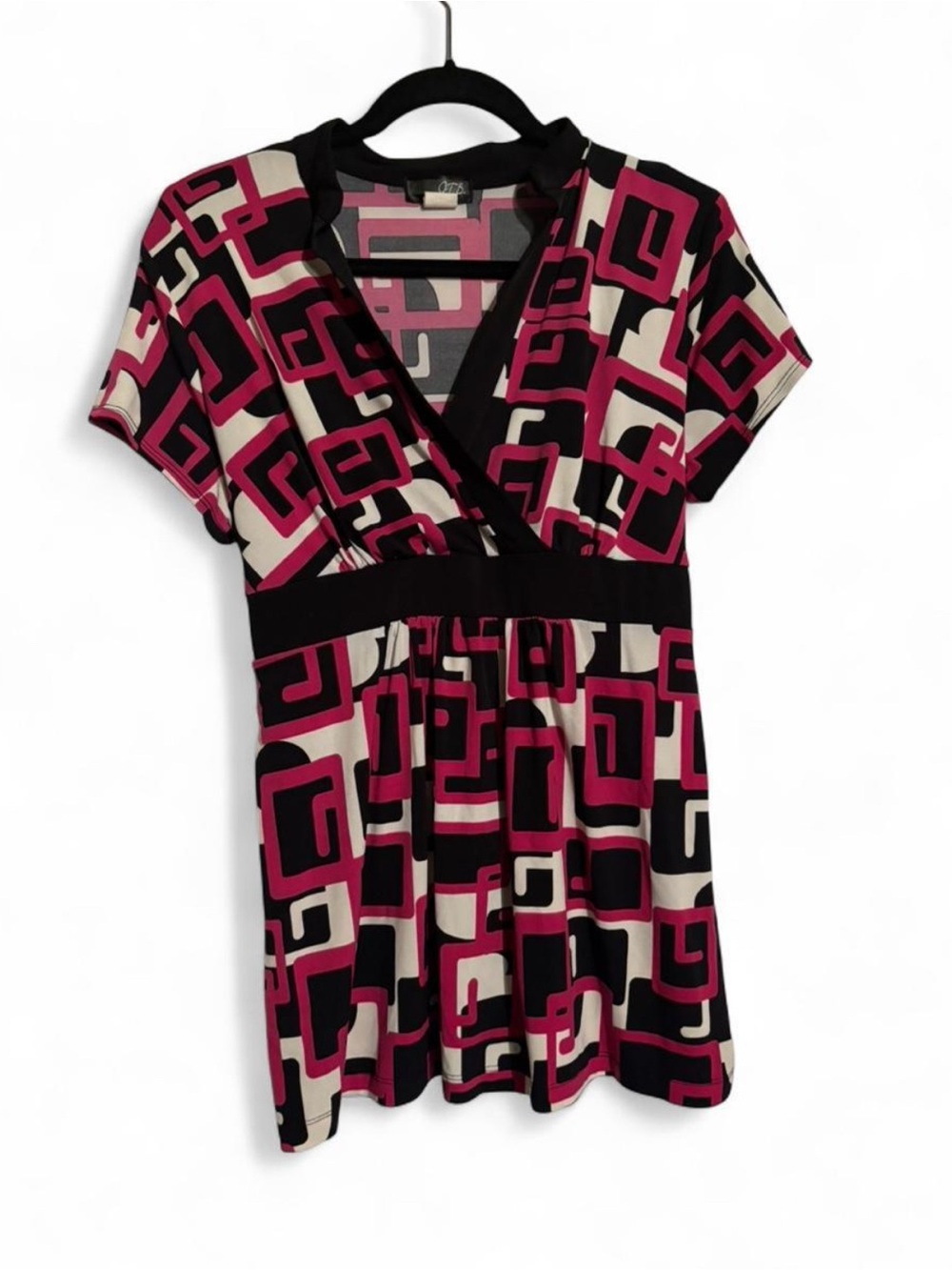 J.T.B. Vintage Y2K Geometric Empire Waist Babydoll Blouse Top Pink Black XL